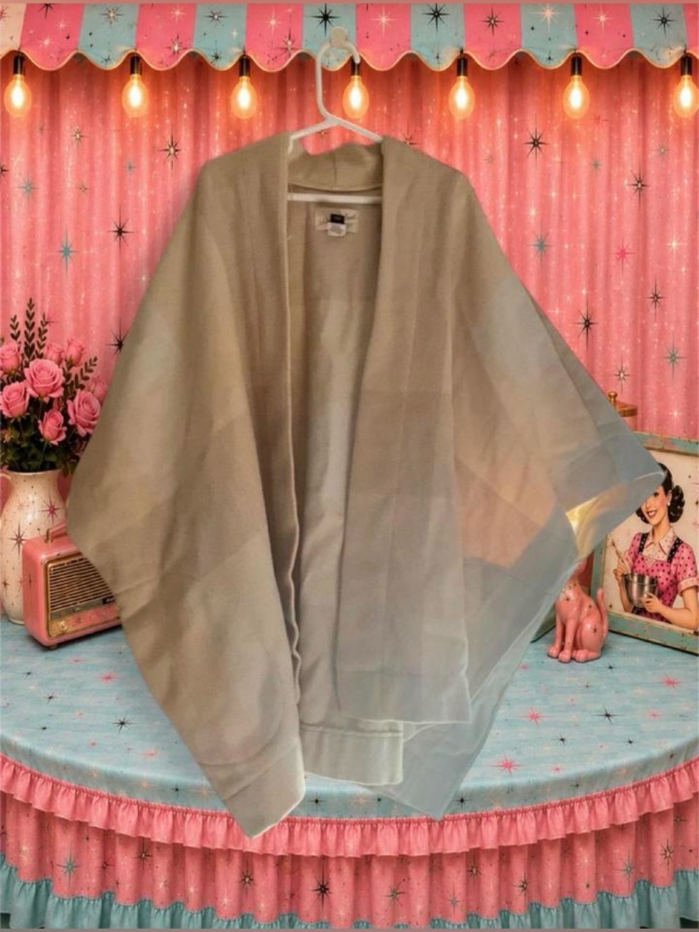 Universal Thread Neutral Beige Plaid Draped Open-Front Poncho